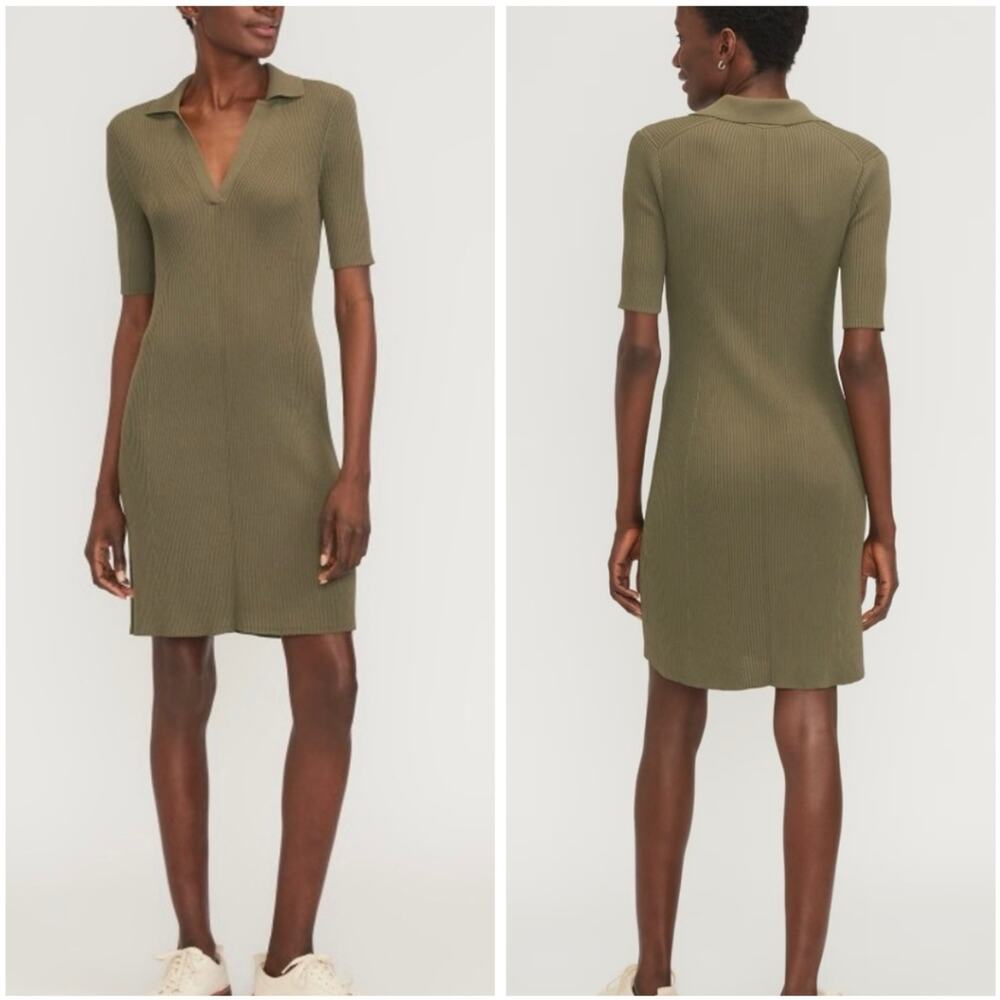 Everlane The Knit Polo Dress Collared Ribbed Short-Sleeve Midi Olive - Small